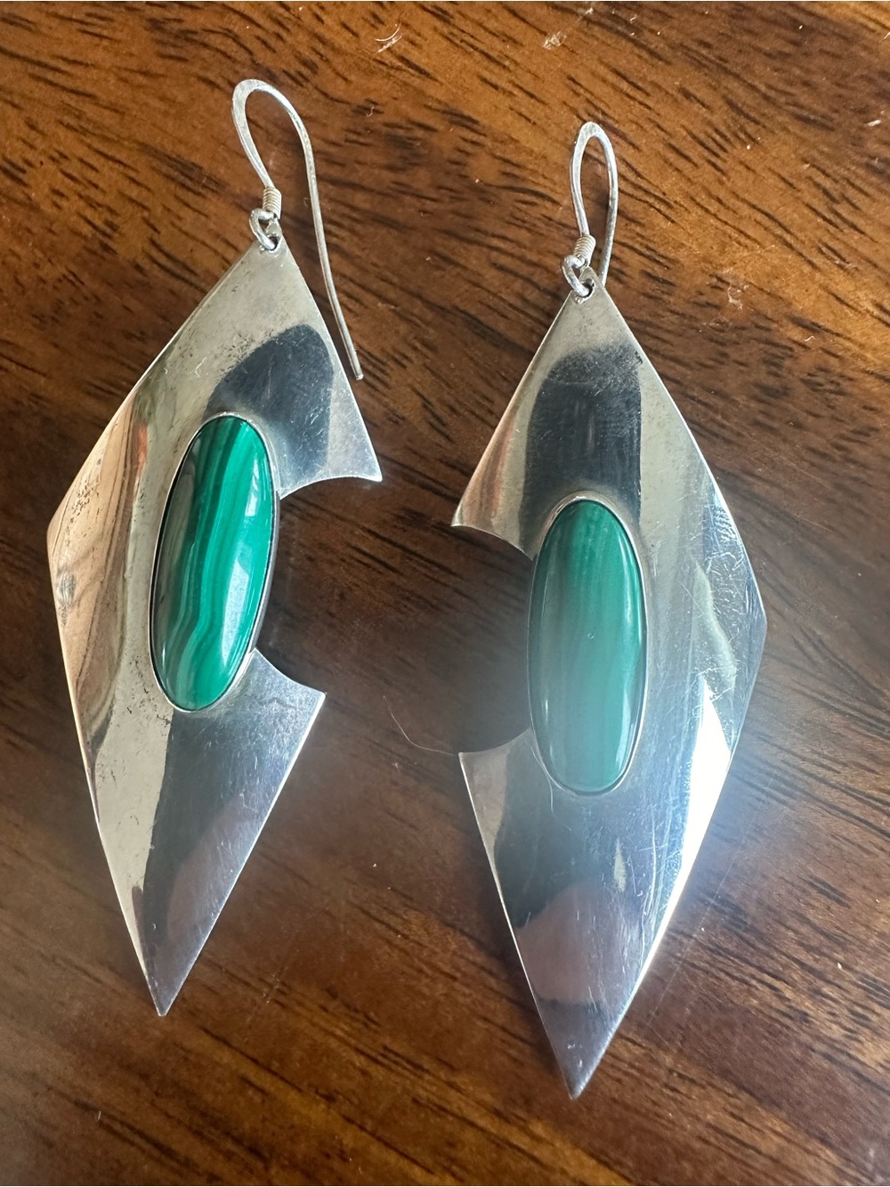 Sterling Silver Drop Earrings with Green Malachite  Stone Accent